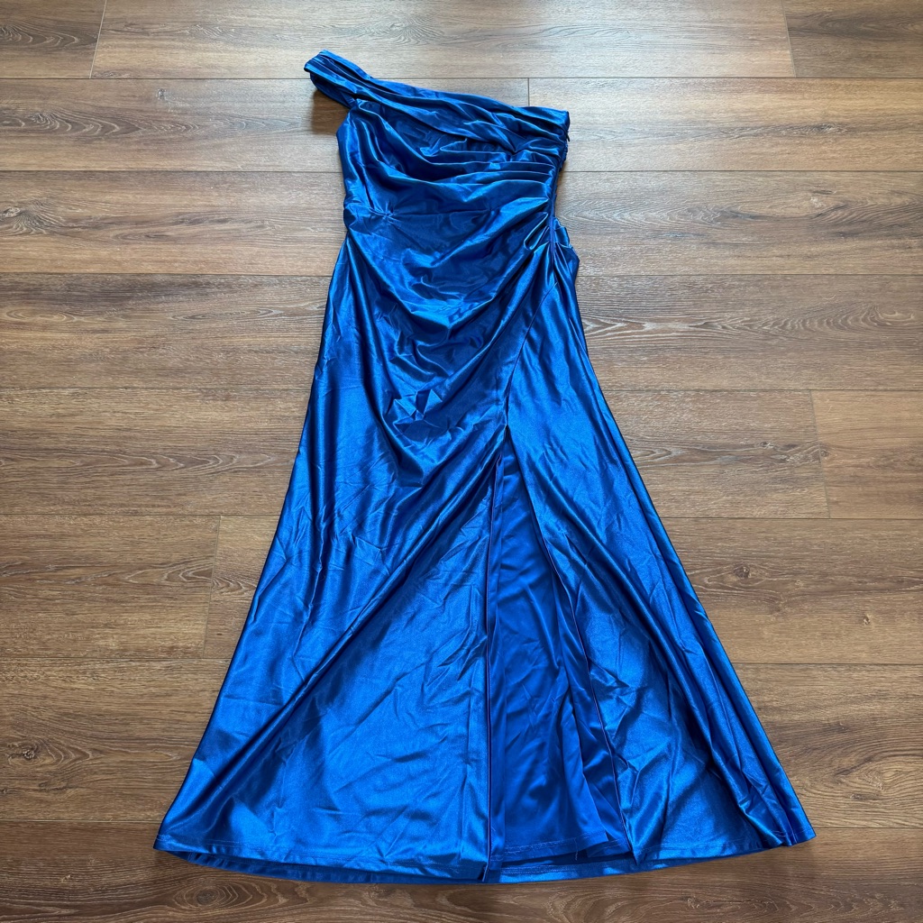 David's Bridal Galina Signature Sculpting Satin Ruched Sheath Dress Royal Blue